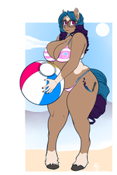 Size: 3000x4500 | Tagged: safe, artist:amaraburrger, oc, oc only, oc:sandy sketch, earth pony, hybrid, unicorn, anthro, bbw, beach, beach ball, belly, big breasts, bikini, breasts, chubby, clothes, fat, female, glasses, hooves, horn, mare, plump, small horn, solo, swimsuit