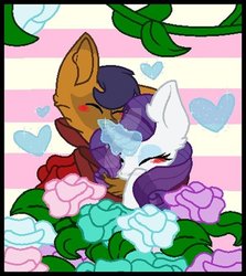 Size: 845x946 | Tagged: safe, artist:paddlepudds, capper dapperpaws, rarity, abyssinian, pony, anthro, g4, anthro with ponies, blushing, capperbetes, capperity, cute, deviantart watermark, eyes closed, female, flower, glowing horn, heart, horn, male, obtrusive watermark, raribetes, shipping, straight, striped background, watermark