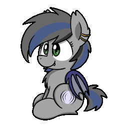 Size: 1000x1000 | Tagged: safe, artist:sugar morning, oc, oc only, oc:nightglider, bat pony, pony, animated, bat pony oc, blue insides, chest fluff, chibi, cute, cute little fangs, ear piercing, earring, eeee, fangs, female, gif, hnnng, jewelry, mare, ocbetes, open mouth, piercing, simple background, sitting, solo, transparent background, weapons-grade cute