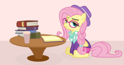 Size: 4096x2160 | Tagged: safe, artist:mazli, fluttershy, pony, g4, alternate hairstyle, book, clothes, coffee, female, glasses, hat, hipstershy, looking at you, scarf, sitting, solo, vector