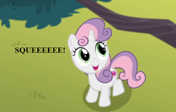 Size: 704x448 | Tagged: safe, edit, edited screencap, editor:korora, screencap, sweetie belle, pony, g4, surf and/or turf, cropped, cute, diasweetes, female, harmonizing heights, reaction image, solo, squeaky belle, squee, tree, tree branch