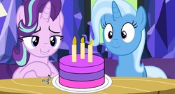 Size: 1192x645 | Tagged: safe, artist:justinex-generation, starlight glimmer, trixie, oc, oc:checkerboard, pony, unicorn, g4, birthday, birthday cake, cake, food