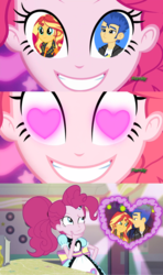 Size: 1280x2160 | Tagged: safe, artist:3d4d, flash sentry, pinkie pie, sunset shimmer, coinky-dink world, equestria girls, g4, my little pony equestria girls: summertime shorts, female, heart, heart eyes, male, meme, pinkie's eyes, ship:flashimmer, shipping, straight, wingding eyes