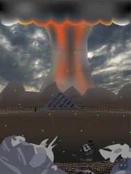 Size: 2474x3276 | Tagged: safe, artist:wheatley r.h., oc, oc only, oc:wheatley ii, changeling, building, cloud, cloudy, crater, doomsday clock, exoskeleton, high res, mountain, mushroom cloud, nuclear explosion, radiation, rock, rock heart, spanish, spanish text, vector, wasteland, watermark