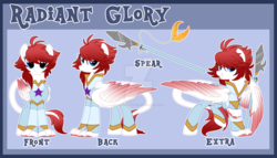 Size: 1600x914 | Tagged: safe, artist:crystal-tranquility, oc, oc only, oc:radiant glory, hippogriff, deviantart watermark, female, obtrusive watermark, reference sheet, solo, spear, watermark, weapon