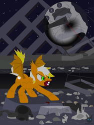 Size: 2931x3871 | Tagged: safe, artist:wheatley r.h., oc, oc only, oc:flowing notes, bat pony, pony, angry, bat pony oc, bat wings, blood, bloodshot eyes, building, crater, cutie mark, doomsday clock, ear tufts, exoskeleton, feral, fossil, glowing eyes, green eyes, high res, implied changeling, implied chrysalis, messy hair, messy mane, messy tail, night, rock, rock heart, sharp teeth, single panel, solo, spread wings, stars, tail, teeth, torn wings, two toned mane, two toned tail, vector, watermark, wings, yellow fur