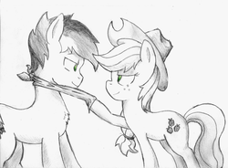 Size: 1458x1076 | Tagged: safe, artist:spackle, applejack, oc, oc:buck evergreen, earth pony, pony, applejack's hat, bandana, canon x oc, chest fluff, cowboy hat, eye contact, female, hat, lidded eyes, looking at each other, male, mare, pulling, shipping, smiling, stallion, straight, traditional art