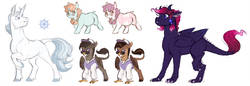 Size: 1600x552 | Tagged: safe, artist:vindhov, oc, oc only, oc:hurricane, oc:noctis, oc:sweet cheeks, oc:yacht club, classical hippogriff, dracony, hippogriff, hybrid, pony, unicorn, clothes, cocky, female, filly, foal, hat, interspecies offspring, magical lesbian spawn, male, next generation, offspring, parent:fancypants, parent:fleur-de-lis, parent:gabby, parent:princess luna, parent:scootaloo, parent:spike, parent:sweetie belle, parent:trixie, parents:fancyfleur, parents:gabbyloo, parents:spiluna, redesign, shirt, simple background, stallion, sunglasses, white background