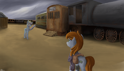 Size: 2450x1400 | Tagged: safe, derpy hooves, oc, oc:littlepip, ghoul, pegasus, pony, unicorn, fallout equestria, g4, absolutely everything, carriage (railway), clothes, cloud, cloudy, cutie mark, fanfic, fanfic art, female, hooves, horn, jumpsuit, mare, new appleloosa, pipbuck, saddle bag, train, vault suit, wagon, wasteland, waving, wings