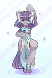 Size: 1099x1650 | Tagged: safe, artist:avonir, maud pie, earth pony, semi-anthro, g4, arm hooves, clothes, cosplay, costume, crossover, cute, female, maudabetes, overwatch, solo, standing, standing on one leg, symmetra