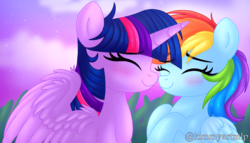 Size: 1186x680 | Tagged: safe, artist:kimmyartmlp, rainbow dash, twilight sparkle, alicorn, pony, g4, eyes closed, female, lesbian, mare, ship:twidash, shipping, smiling, twilight sparkle (alicorn)