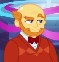 Size: 199x208 | Tagged: safe, screencap, thick coat, equestria girls, g4, my little pony equestria girls: better together, twilight under the stars, background human, bald, beard, bowtie, cropped, facial hair, male, male pattern baldness, raised eyebrow, solo