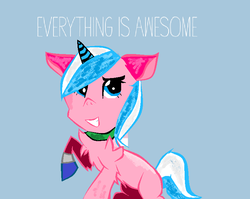 Size: 780x622 | Tagged: safe, artist:cadence08894, pony, blue background, lego, ponified, simple background, solo, the lego movie, unikitty, white text