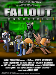 Size: 1018x1362 | Tagged: safe, artist:arconius, oc, oc only, oc:calamity, oc:littlepip, oc:steelhooves, oc:velvet remedy, earth pony, ghoul, pegasus, pony, unicorn, fallout equestria, armor, balefire bomb, battle saddle, city, clothes, cowboy hat, dashite, explosion, fanfic, fanfic art, female, fluttershy medical saddlebag, gun, hat, hooves, horn, jumpsuit, male, mare, medical saddlebag, megaspell, megaspell explosion, movie poster, mushroom cloud, nuclear explosion, pipbuck, poster, power armor, raised hoof, rifle, ruins, saddle bag, spread wings, stallion, steel ranger, text, vault suit, wasteland, weapon, wings
