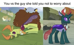 Size: 2872x1760 | Tagged: safe, edit, edited screencap, screencap, pharynx, prince rutherford, thorax, changedling, changeling, yak, g4, school daze, to change a changeling, caption, changedling brothers, cloven hooves, comparison, cropped, dropping thorax, king thorax, meme, prince pharynx, you vs. the guy she told you not to worry about