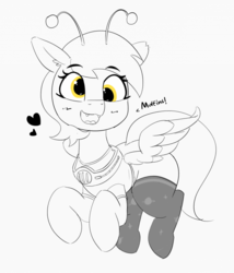 Size: 878x1024 | Tagged: safe, artist:pabbley, derpy hooves, alien, pegasus, pony, g4, antennae, clothes, cute, derpabetes, fangs, female, flying, mare, monochrome, open mouth, partial color, simple background, smiling, socks, solo, text, white background