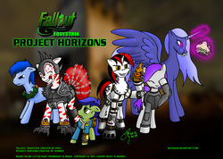Size: 1181x839 | Tagged: safe, artist:arconius, oc, oc only, oc:blackjack, oc:lacunae, oc:morning glory (project horizons), oc:p-21, oc:rampage, oc:scotch tape, cyborg, earth pony, pegasus, pony, unicorn, fallout equestria, fallout equestria: project horizons, armor, artificial alicorn, barbed wire, bloodshot eyes, clothes, cyber eyes, cyber legs, daffodil and daisy sandwich, eating, facehoof, fanfic art, female, filly, food, grenade, grin, hoofclaw, jumpsuit, level 1 (project horizons), magic, male, mare, pipbuck, purple alicorn (fo:e), sandwich, smiling, spiked armor, stallion, telekinesis, text, vault suit, wild pegasus