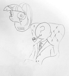Size: 1136x1243 | Tagged: safe, artist:tjpones, twilight sparkle, oc, oc:anon, human, pony, unicorn, g4, :t, armchair, chair, clothes, dead, decapitated, derp, female, frown, grayscale, grimderp, hunting trophy, lineart, mare, monochrome, mounted head, necktie, pipe, severed head, simple background, sitting, smiling, smoking, suit, taxidermy, traditional art, trophy, twiggles, wat, we are going to hell, white background