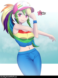 Size: 1000x1335 | Tagged: safe, alternate version, artist:clouddg, rainbow dash, equestria girls, equestria girls specials, g4, my little pony equestria girls: better together, my little pony equestria girls: spring breakdown, belly button, breasts, cap, cleavage, clothes, female, front knot midriff, hat, human coloration, looking at you, midriff, multiple variants, pants, sexy, signature, solo, stupid sexy rainbow dash