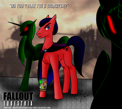 Size: 1055x941 | Tagged: safe, artist:arconius, oc, oc only, oc:red eye, alicorn, cyborg, earth pony, pony, fallout equestria, alicorn oc, artificial alicorn, augmented, cape, clothes, cloud, cloudy, cyber eyes, fanfic, fanfic art, female, glowing eyes, green alicorn (fo:e), hooves, horn, looking at you, male, mare, missing cutie mark, pipbuck, quote, ruins, stallion, text, wings