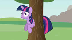 Size: 2560x1439 | Tagged: safe, artist:forgalorga, twilight sparkle, alicorn, pony, pony and magical artifact, g4, female, folded wings, horn, horn ring, i'd like to be a tree, mare, solo, stuck, surprised, tree, twilight sparkle (alicorn), wings, youtube link