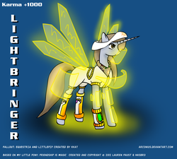 Size: 992x893 | Tagged: safe, artist:arconius, oc, oc only, oc:littlepip, pony, unicorn, fallout equestria, armor, artificial wings, augmented, fanfic, fanfic art, female, hooves, horn, lightbringer, magic, magic wings, mare, pipbuck, princess celestia's cutie mark, simple background, solo, tech armor, text, virtual reality, wings