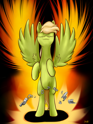 Size: 1200x1600 | Tagged: safe, artist:burnout42, oc, oc only, oc:murky, pegasus, pony, fallout equestria, fallout equestria: murky number seven, abstract background, eyes closed, fanfic art, male, rearing, shackles, slave, solo, spread wings, stallion, wings