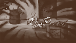Size: 854x485 | Tagged: safe, artist:kalemon, oc, oc only, oc:murky, pegasus, pony, fallout equestria, fallout equestria: murky number seven, alley, fanfic art, fleece, glowing eyes, male, monochrome, scared, shadow, solo focus, stallion