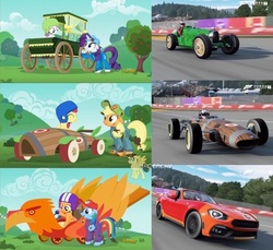 Size: 750x688 | Tagged: safe, artist:forzaveteranenigma, edit, edited screencap, screencap, apple bloom, applejack, rainbow dash, rarity, scootaloo, sweetie belle, earth pony, pony, fanfic:equestria motorsports, friendship is magic, g4, the cart before the ponies, abarth, abarth 124 spider, belgium, bugatti, bugatti type 35, car, circuit de spa francorchamps, collage, derby racers, driving, eagle-weslake, eagle-weslake t1g, eau rouge, europe, fiat, fiat 124 spider, fiata, forza motorsport 7, livery, lucas oil applewood derby, motorsport, photo, race track, racecar, racing, racing suit, read description, watermark