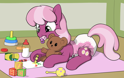 Size: 1900x1200 | Tagged: safe, artist:skitter, cheerilee, earth pony, pony, g4, abdl, adult foal, baby bottle, cheeribetes, crayon, crayon drawing, cute, cutie mark, diaper, diaper fetish, female, fetish, foal bottle, happy, non-baby in diaper, pacifier, poofy diaper, smiling, solo, teddy bear, toy