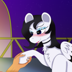 Size: 3000x3000 | Tagged: safe, artist:rarityismywaifu, oc, oc:lamika, human, pegasus, pony, blushing, collar, cute, female, freckles, hand, high res, holding hooves, hoof hold, human on pony hoof holding, interspecies, lidded eyes, lipstick, makeup, mare, offscreen character, sitting, solo focus