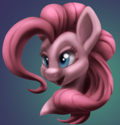 Size: 894x927 | Tagged: safe, artist:lockhe4rt, pinkie pie, earth pony, pony, g4, bust, dark, female, gradient background, mare, portrait, smiling, solo, style emulation