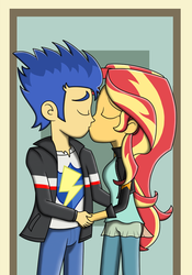 Size: 745x1066 | Tagged: safe, artist:phantomshadow051, edit, flash sentry, sunset shimmer, equestria girls, g4, clothes, cropped, female, jacket, kissing, leather jacket, male, ship:flashimmer, shipping, straight