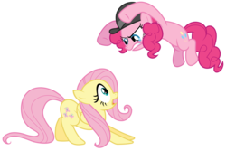 Size: 9000x6000 | Tagged: safe, artist:kiowa213, fluttershy, pinkie pie, earth pony, pegasus, pony, g4, mmmystery on the friendship express, female, hat, mare, pounce, scared, simple background, transparent background, up in the air, vector, wide eyes