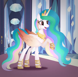 Size: 1280x1270 | Tagged: safe, artist:alizeethepony2008, princess celestia, alicorn, pony, g4, base used, colored wings, colored wingtips, crystal castle, female, indoors, large wings, mare, pretty, raised hoof, royalty, slender, smiling, solo, tall, thin, wings