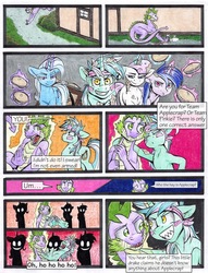 Size: 1950x2550 | Tagged: safe, artist:tillie-tmb, lyra heartstrings, sea swirl, seafoam, spike, trixie, twinkleshine, pony, comic:the amulet of shades, g4, comic, food, magic, older, older spike, pie, this will end in pain, traditional art