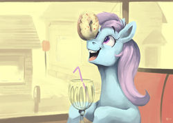 Size: 1280x906 | Tagged: safe, artist:toisanemoif, oc, oc only, pony, balancing, diner, donut, food, glass, happy, indoors, open mouth, restaurant, sitting, smiling, solo, sprinkles, stop sign, straw, street, treat on nose, window