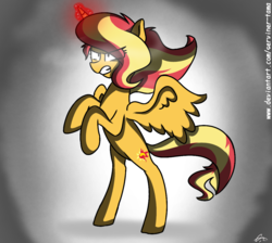 Size: 1080x969 | Tagged: safe, artist:winter-scarf, sunset shimmer, alicorn, pony, g4, alicornified, angry, bipedal, female, glowing eyes, glowing horn, horn, mare, race swap, shimmercorn, solo, wings