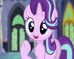 Size: 500x400 | Tagged: safe, alternate version, artist:rabidpepper, derpibooru exclusive, starlight glimmer, pony, unicorn, g4, :d, animated, bipedal, clapping, clapping ponies, cute, female, gif, glim glam, glimmerbetes, happy, hooves together, i can't believe it's not hasbro studios, looking at you, mare, open mouth, reaction gif, reaction image, show accurate, smiling, solo, twilight's castle, underhoof, uvula