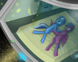 Size: 2560x2048 | Tagged: safe, artist:hugo231929, oc, pony, bed, bedroom, door, high res, hug, looking up, space, space station, spaceship, stargazing, stars