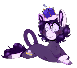 Size: 1000x885 | Tagged: safe, artist:cinnamonsparx, oc, oc only, oc:tuna, pony, cloven hooves, crown, eyes closed, glasses, jewelry, prone, regalia, simple background, solo, transparent background