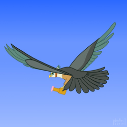 Size: 1500x1500 | Tagged: safe, artist:phallen1, derpibooru exclusive, bird, roc, ambiguous gender, flying, flying away, holding, looking back, simple background, solo