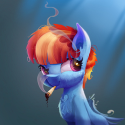 Size: 2048x2048 | Tagged: safe, artist:tony-retro, windy whistles, pegasus, pony, g4, chest fluff, cigarette, female, folded wings, high res, looking sideways, mare, smiling, smoking, smug, solo, three quarter view, tobacco, wings