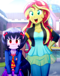Size: 1220x1560 | Tagged: safe, artist:the-butch-x, sunset shimmer, oc, oc:cassey, equestria girls, g4, breasts, clothes, commission, crystal prep academy, duo, open mouth, pants, shy