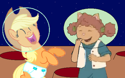 Size: 457x284 | Tagged: safe, artist:guihercharly, applejack, g4, arthur, astrobaby, crossover, diaper, helmet, laughing, moon, space, sue ellen armstrong