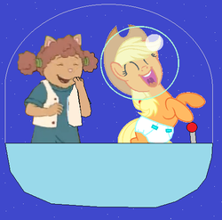 Size: 488x483 | Tagged: safe, artist:guihercharly, applejack, g4, arthur, astrobaby, crossover, diaper, glass dome, helmet, laughing, space, space pod, spaceship, sue ellen armstrong