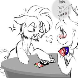 Size: 2000x2000 | Tagged: safe, artist:jen-neigh, oc, oc only, earth pony, pony, anime style, blushing, card game, dialogue, exhale, female, high res, male, mare, monochrome, scrunchy face, simple background, speech bubble, stallion, table, uno, white background