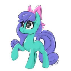 Size: 900x900 | Tagged: safe, artist:jen-neigh, earth pony, pony, blank flank, blind bag, blind bag pony, bootleg, bow, doodle, female, hair bow, mare, raised hoof, signature, simple background, sketch, solo, sparkly eyes, toy, white background, wingding eyes