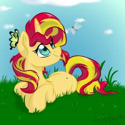 Size: 1700x1700 | Tagged: safe, artist:jen-neigh, sunset shimmer, butterfly, dragonfly, insect, ladybug, pony, unicorn, g4, cloud, cloudy, cute, female, grass, grass field, looking up, lying down, lying in grass, mare, prone, shimmerbetes, signature, sky, solo