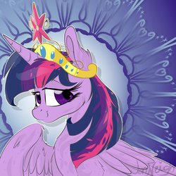 Size: 2300x2300 | Tagged: safe, artist:jen-neigh, twilight sparkle, alicorn, pony, g4, abstract background, alternate hairstyle, big crown thingy, bust, crown, ear fluff, element of magic, female, high res, horn, jewelry, looking at you, mane, mare, regalia, signature, smiling, solo, sparkly eyes, twilight sparkle (alicorn), wingding eyes, wings
